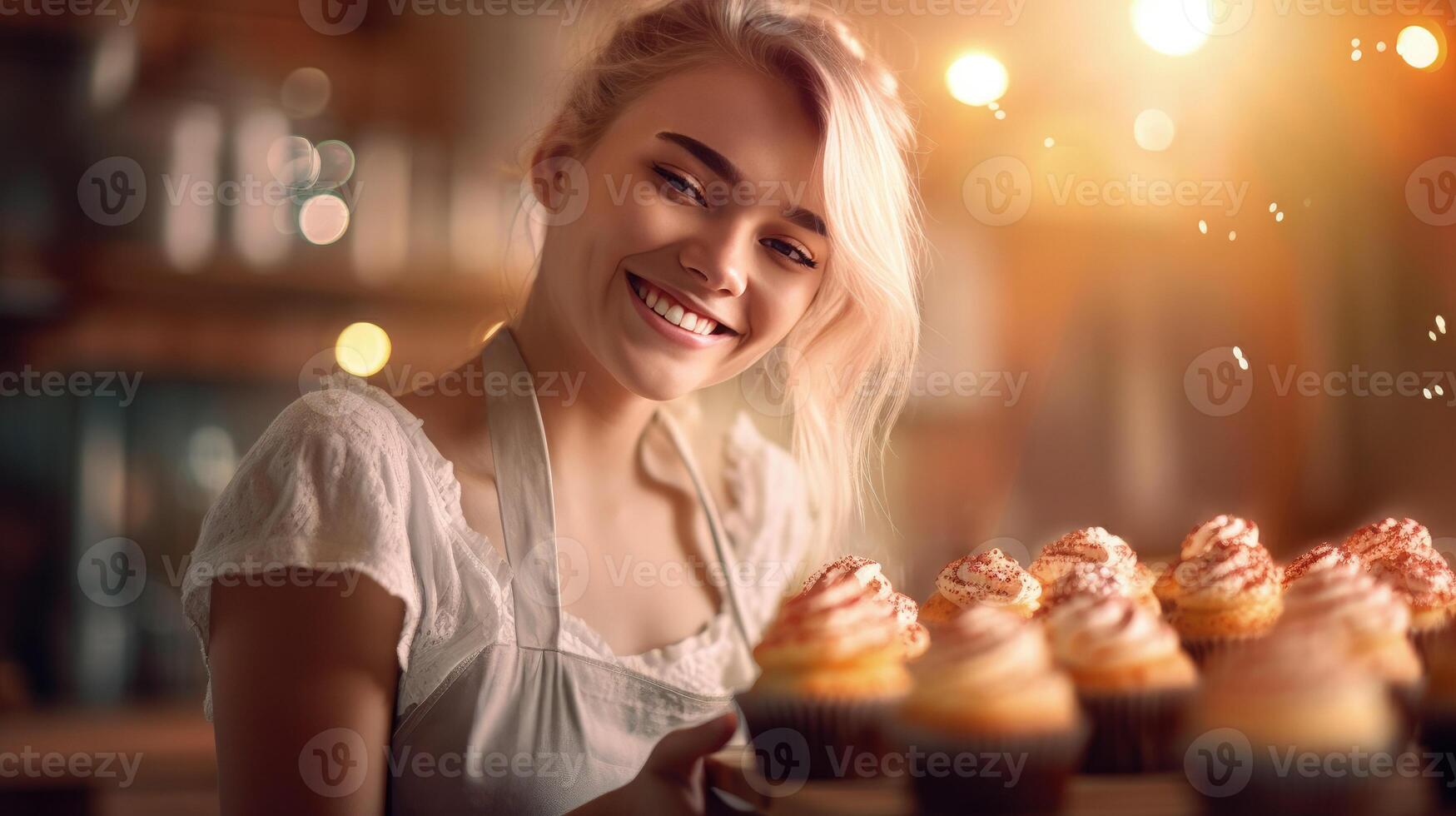 AI generated Cheerful female baker portrait proudly displaying her scrumptious cakes, sunlight background photo