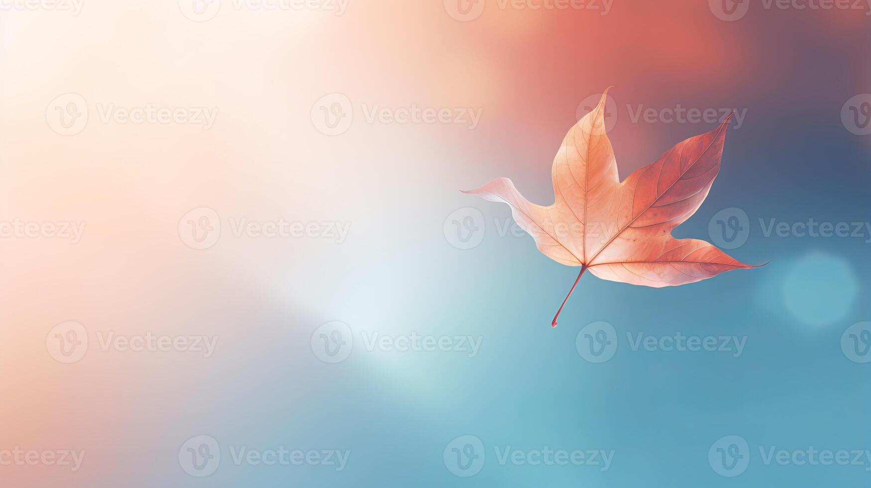 AI generated Single autumn leaf gently fall against vivid colorful minimalistic backdrop, copy space photo