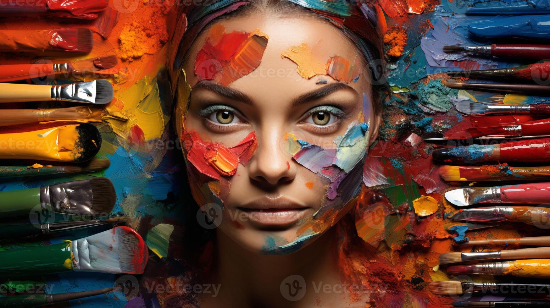 AI generated Pretty painter girl portrait, smeared in multicolored paints for drawing view from above photo