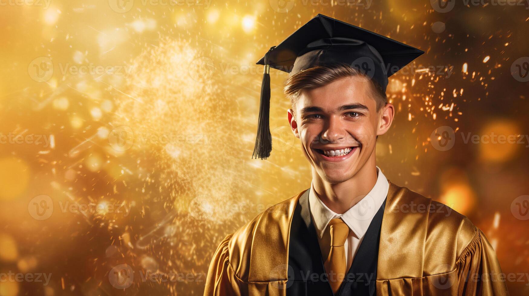 AI generated Happy young man wearing graduation cap and gown, smiling young guy beams with happiness photo