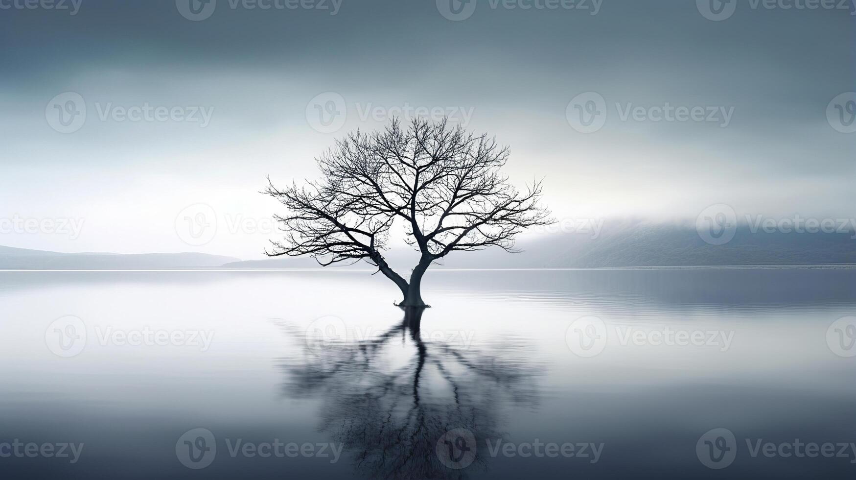 AI generated Lonely tree in midst of bleak lake creates melancholic atmosphere evoking sense of isolation photo