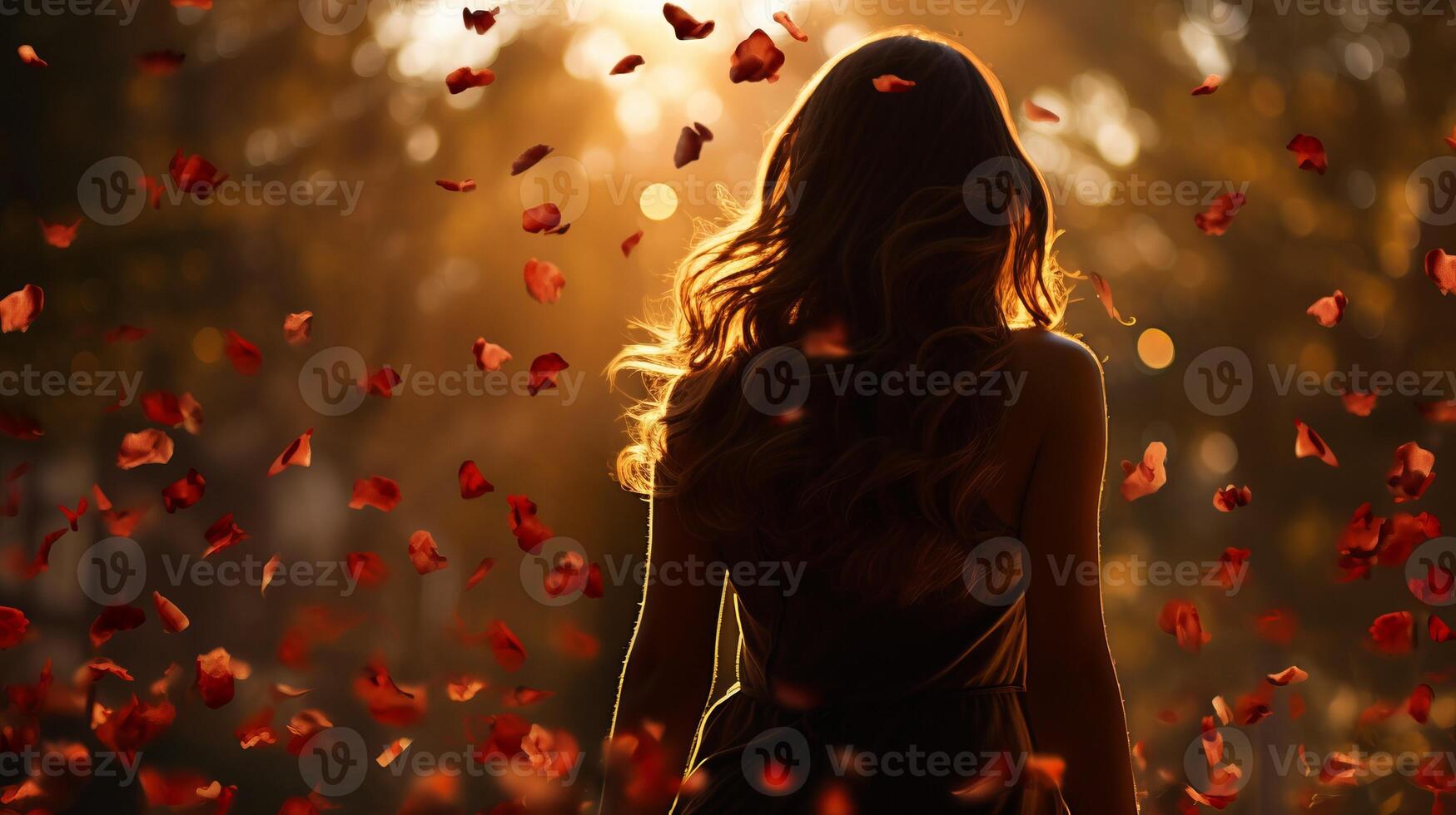 AI generated Back view of long haired young girl stands bathed in sunlight under red rose petals gently cascade photo