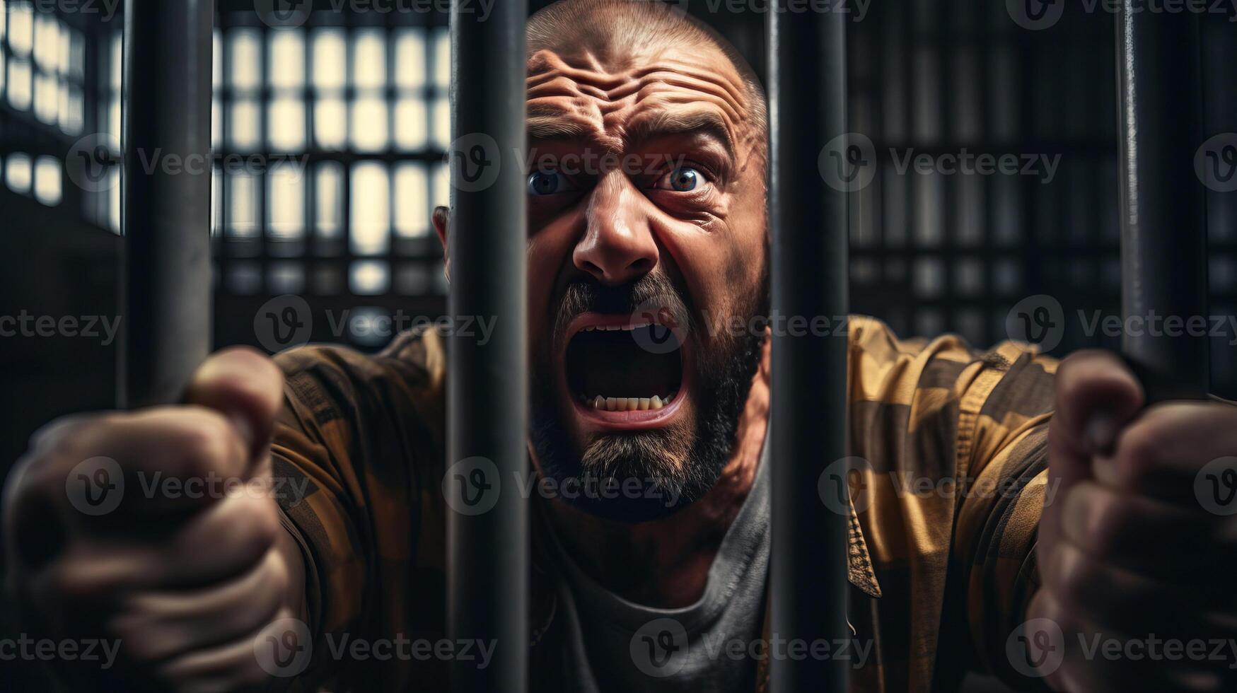 AI generated Angry male inmate confined behind bars desperately asking to released from custody photo
