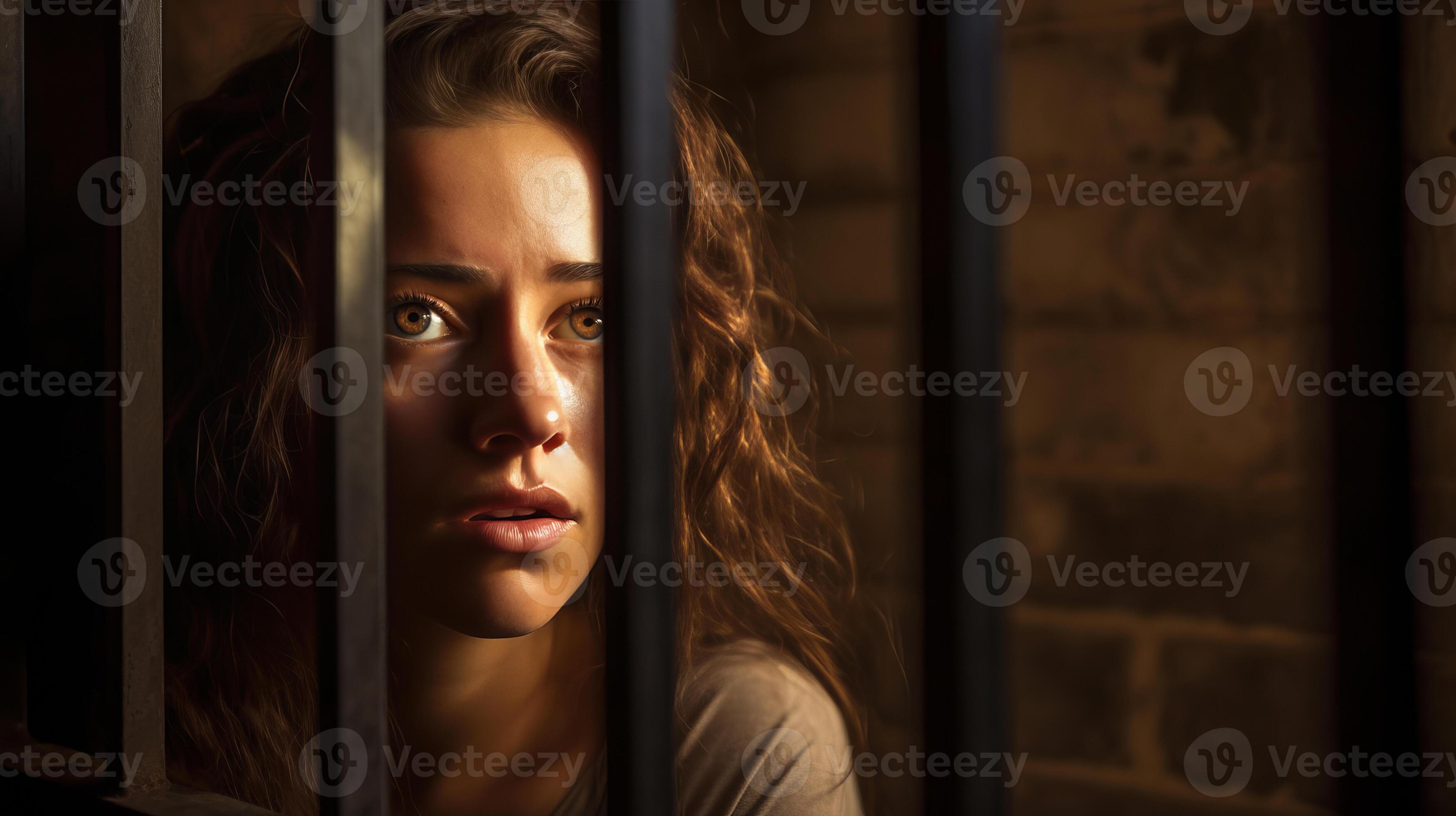 AI generated Sorrowful female inmate sad behind bars desperately asking
