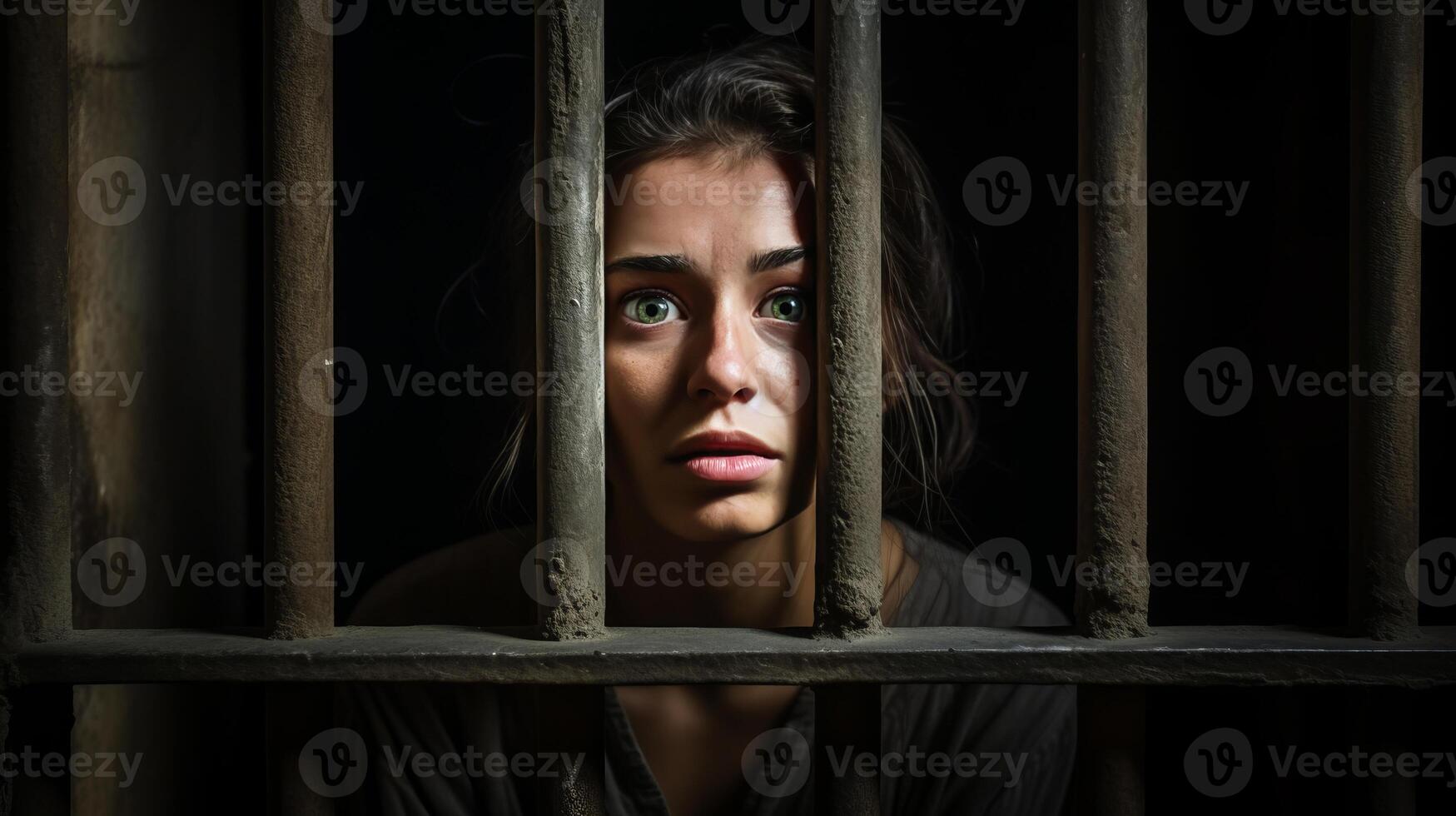 AI generated Sorrowful female inmate sad behind bars desperately asking to released from custody photo