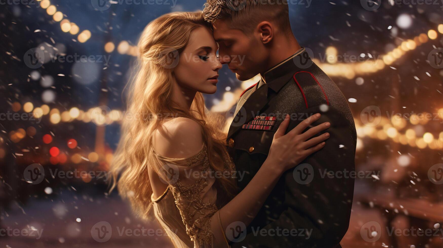 AI generated Soldier holds his beloved girl tightly, loving couple under blurry drops of rain and snow photo