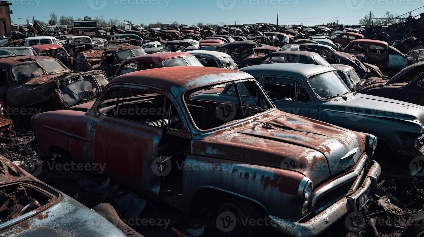 AI generated Car dump with old rusting vehicles forming graveyard of abandoned cars, passage of time photo