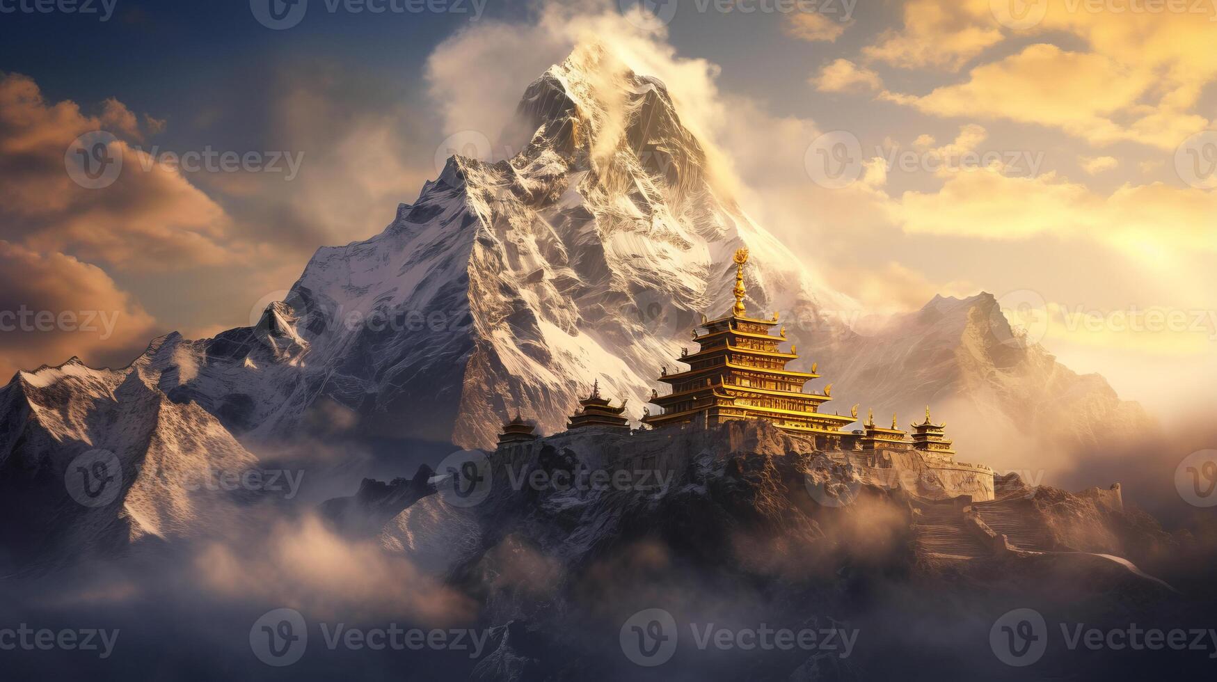 AI generated Majestic buddhist temple nestled in misty mountain surroundings at dawn exudes serenity photo