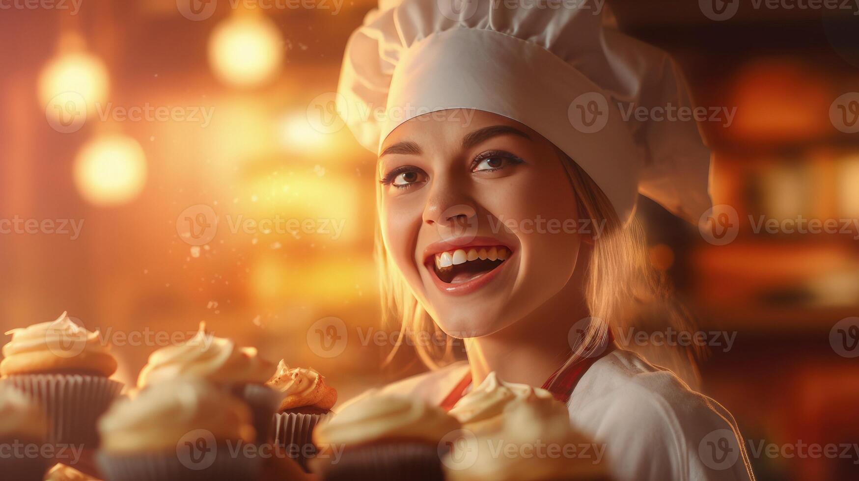 AI generated Cheerful female baker portrait proudly displaying her scrumptious cakes, sunlight background photo