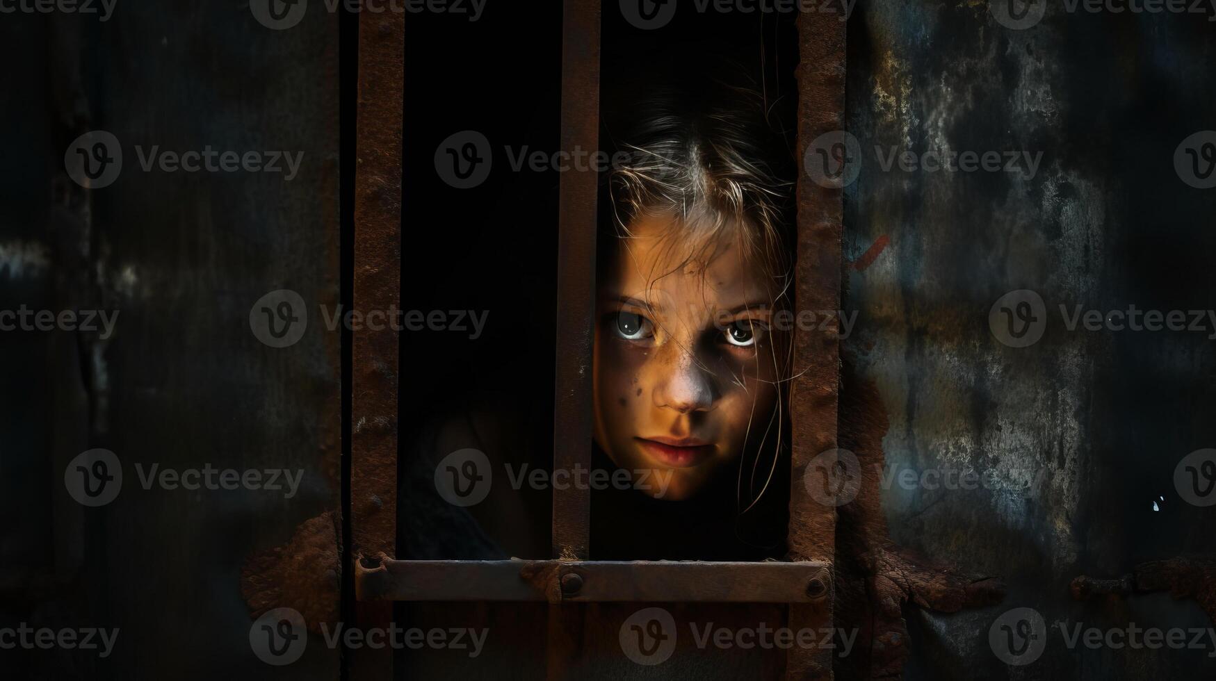 AI generated Little girl confined behind bars with dirty scratched face gazes with hope photo