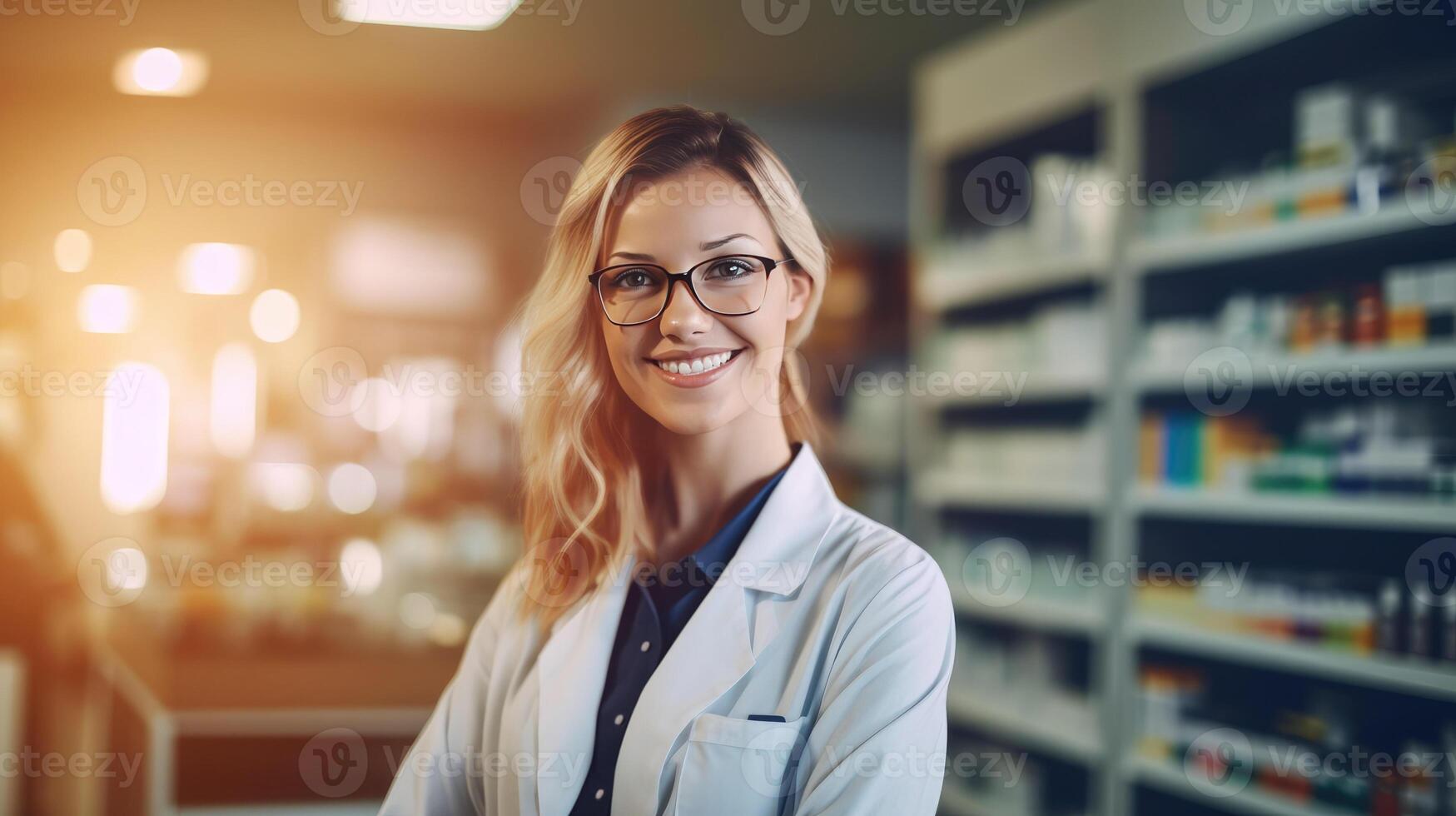 ai generado cortés sonriente hembra farmacéutico en blanco Saco ayuda clientela en farmacia Proporcionar Consejo foto