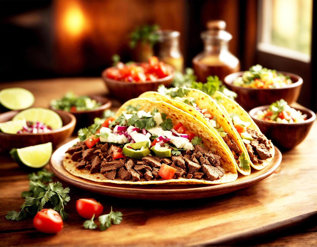 Fresh beef taco on wooden table with fresh background photo