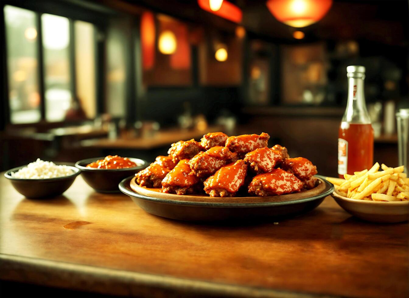 bbq buffalo hot wings on bar table photo