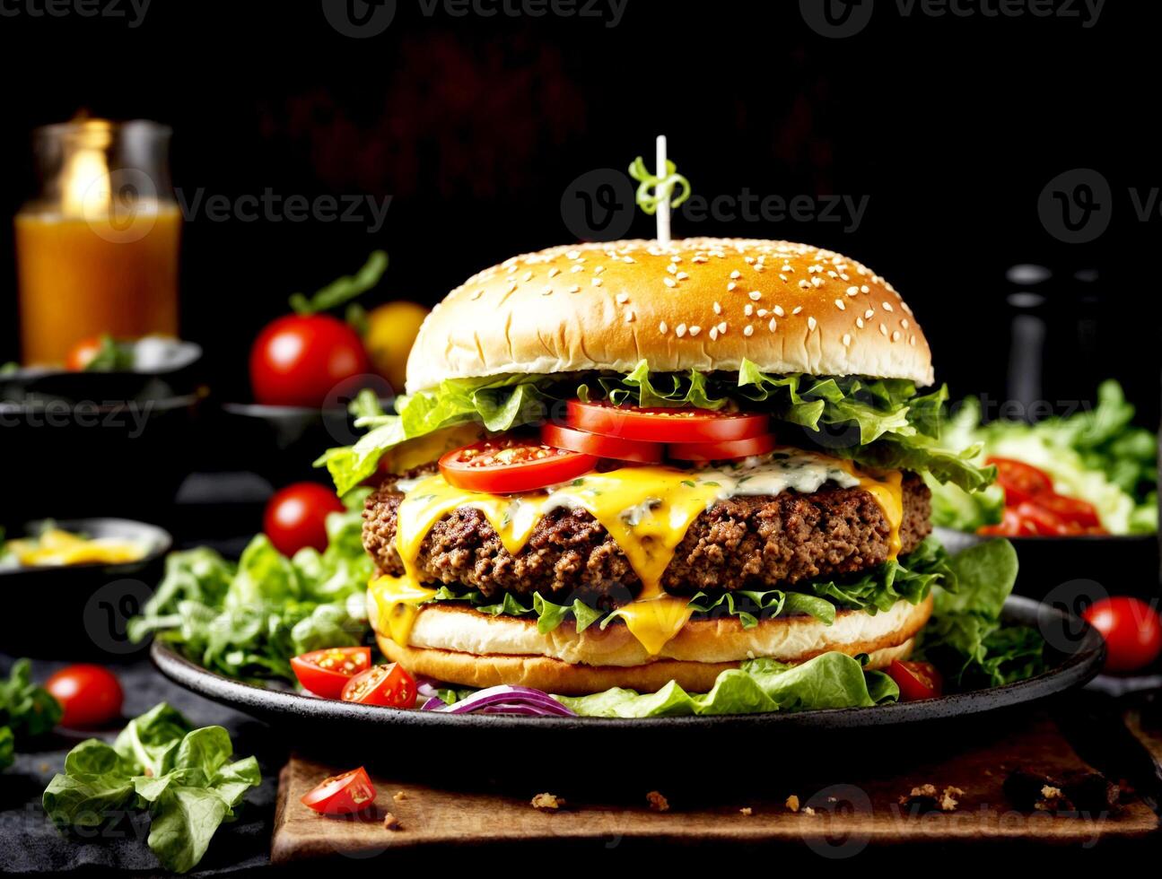 AI generated tasty cheeseburger with meat tomatoes and green salad on dark background photo