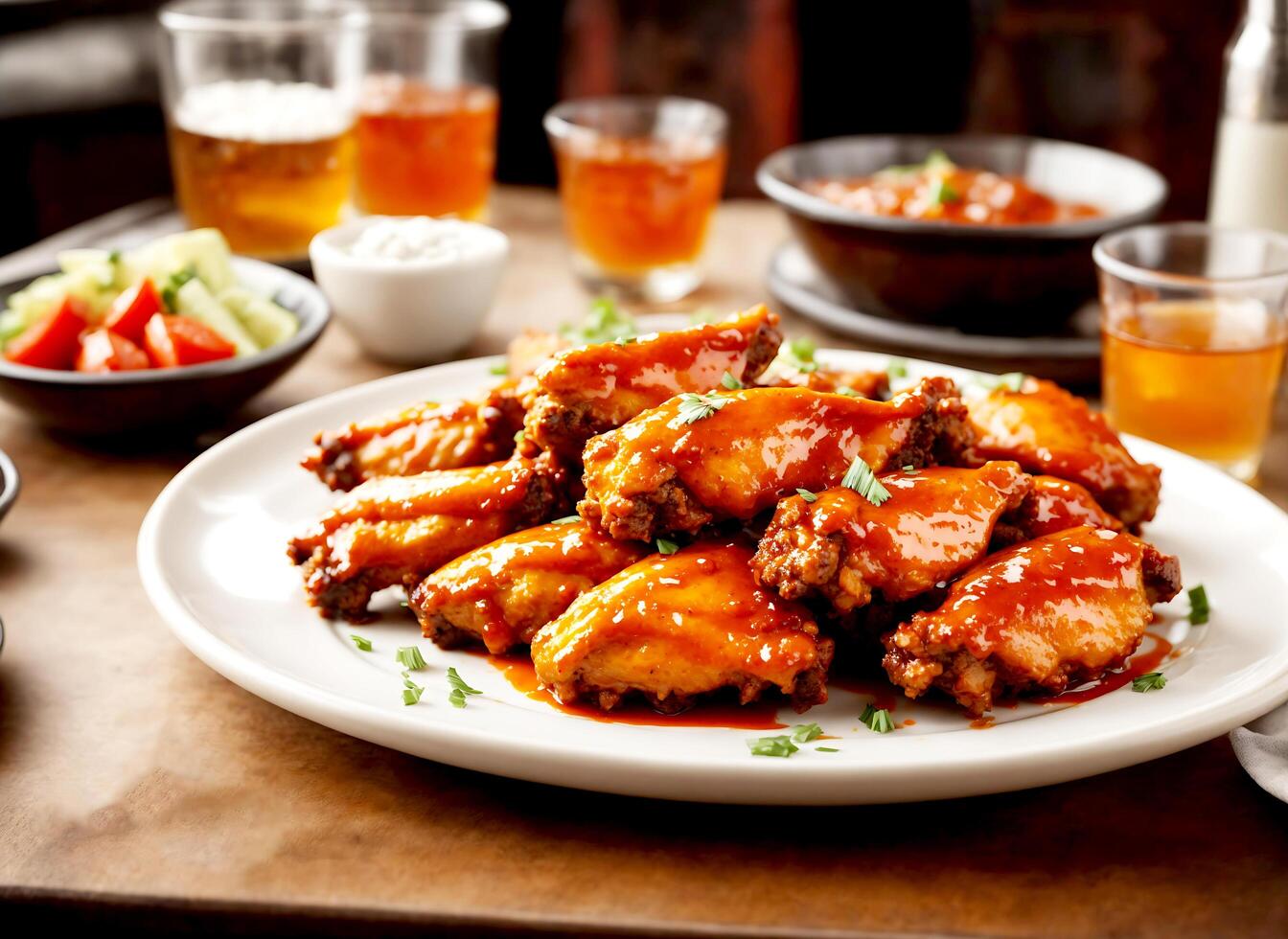 bbq buffalo wings on white plate photo