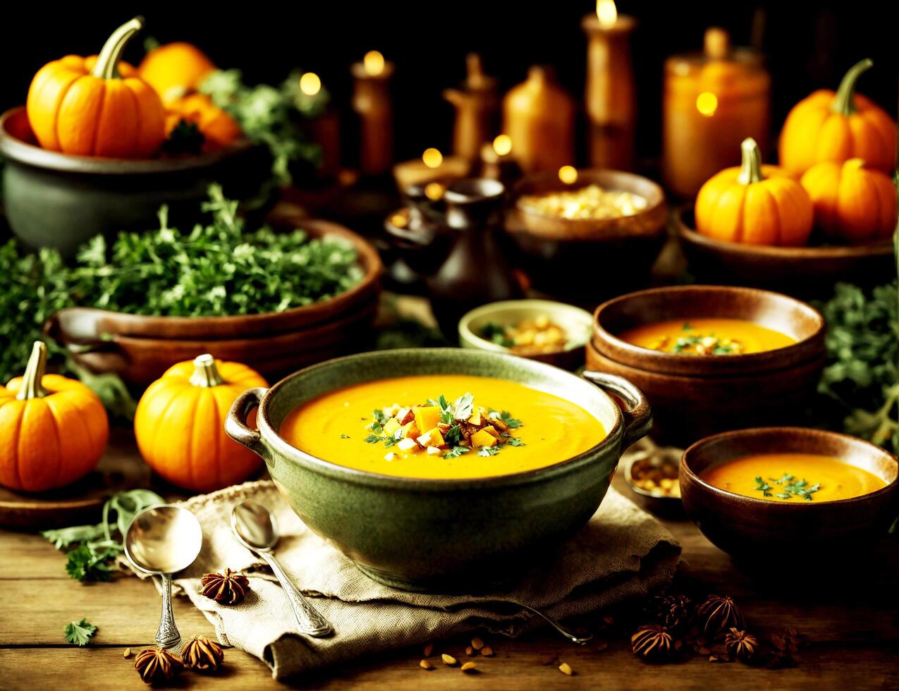 AI generated flat lay of winter squash soup with copy space photo