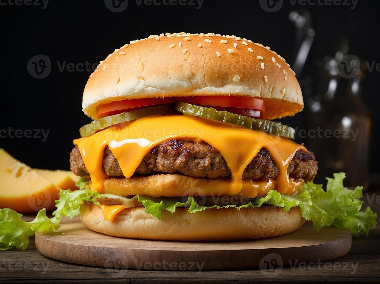 ai generado grande doble queso Cheddar hamburguesa con queso con pollo chuleta foto