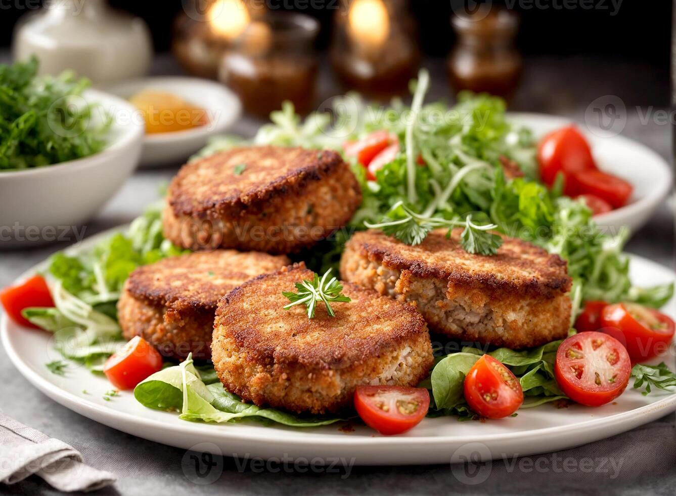 AI generated delicious meat cutlets with fresh salad on a white plate photo