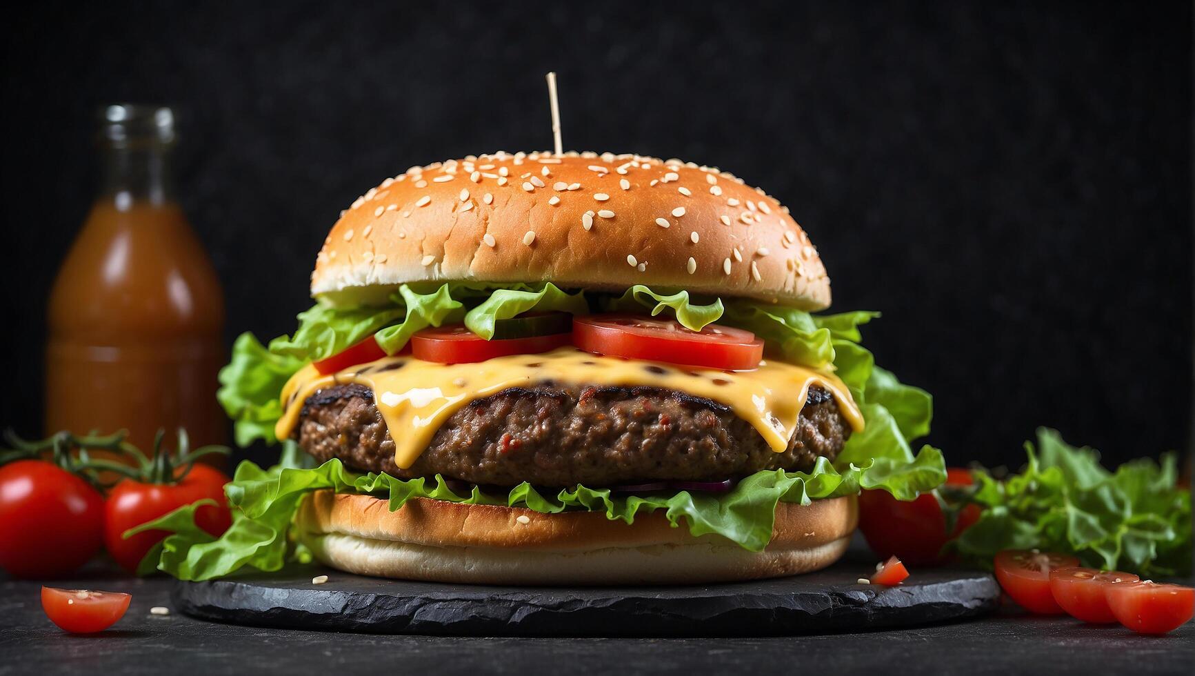 ai generado sabroso hamburguesa con queso con carne Tomates y verde ensalada en oscuro antecedentes foto