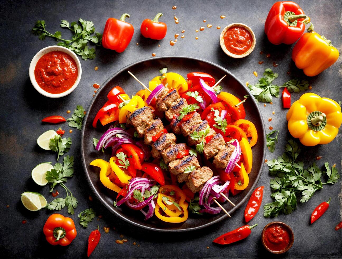 AI generated shish kebab with colorful bell peppers served with ketchup, top view photo
