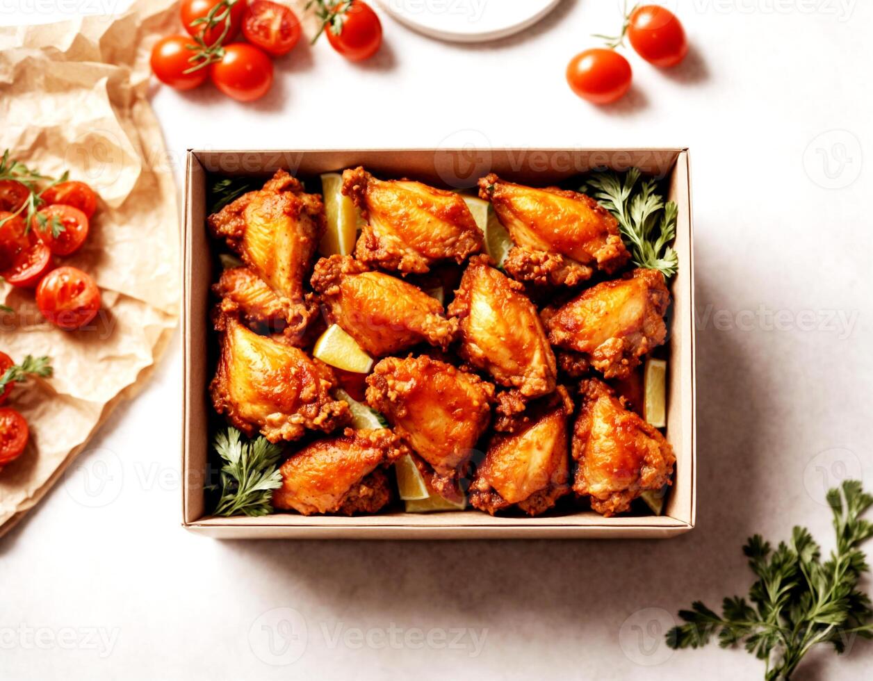 top view, chicken wings in a box on a white background photo