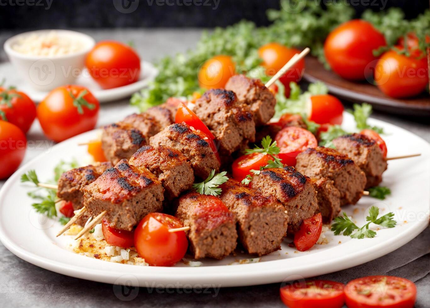 AI generated shick kebab on skewers with tomato and paper in white plate withe a background photo