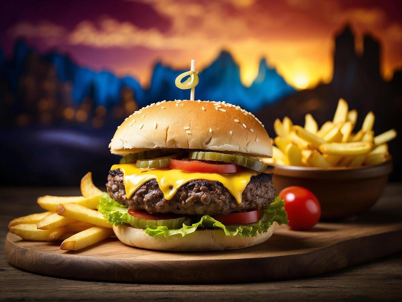 AI generated Delicious juicy homemade cheeseburger with fries on the side with a nice background photo