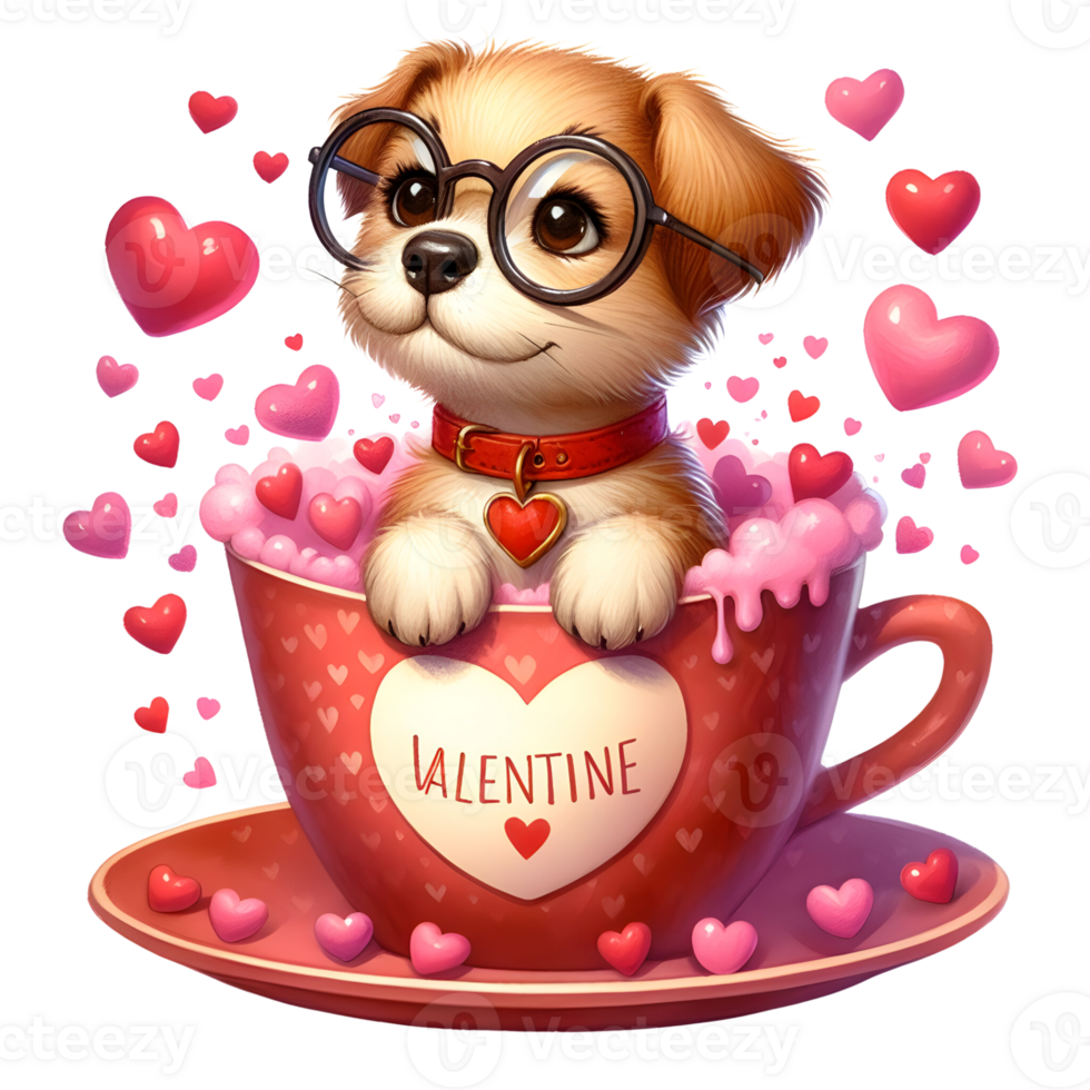 Valentijn hond in koffie beker, ambacht grafiek, Valentijn sublimatie ontwerp png