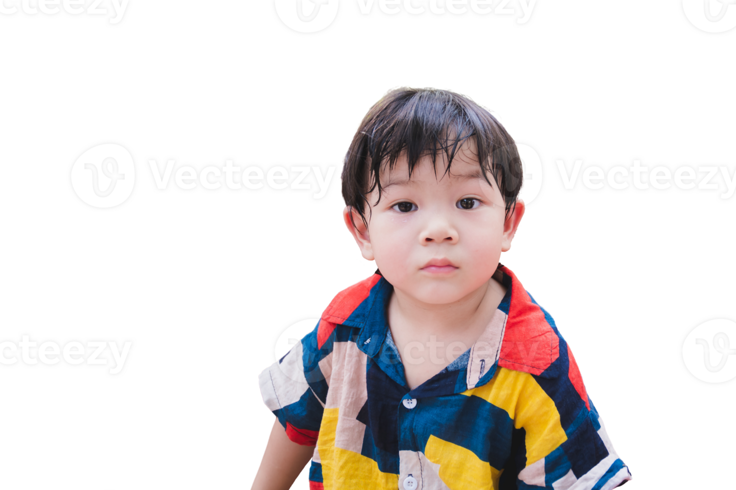 Portrait of a Baby Boy with thoughtful expression, wearing a colorful shirt, Asian Kid Son is hot and has sweat on his face. Young Child with Serious Expression on Isolated Background. png