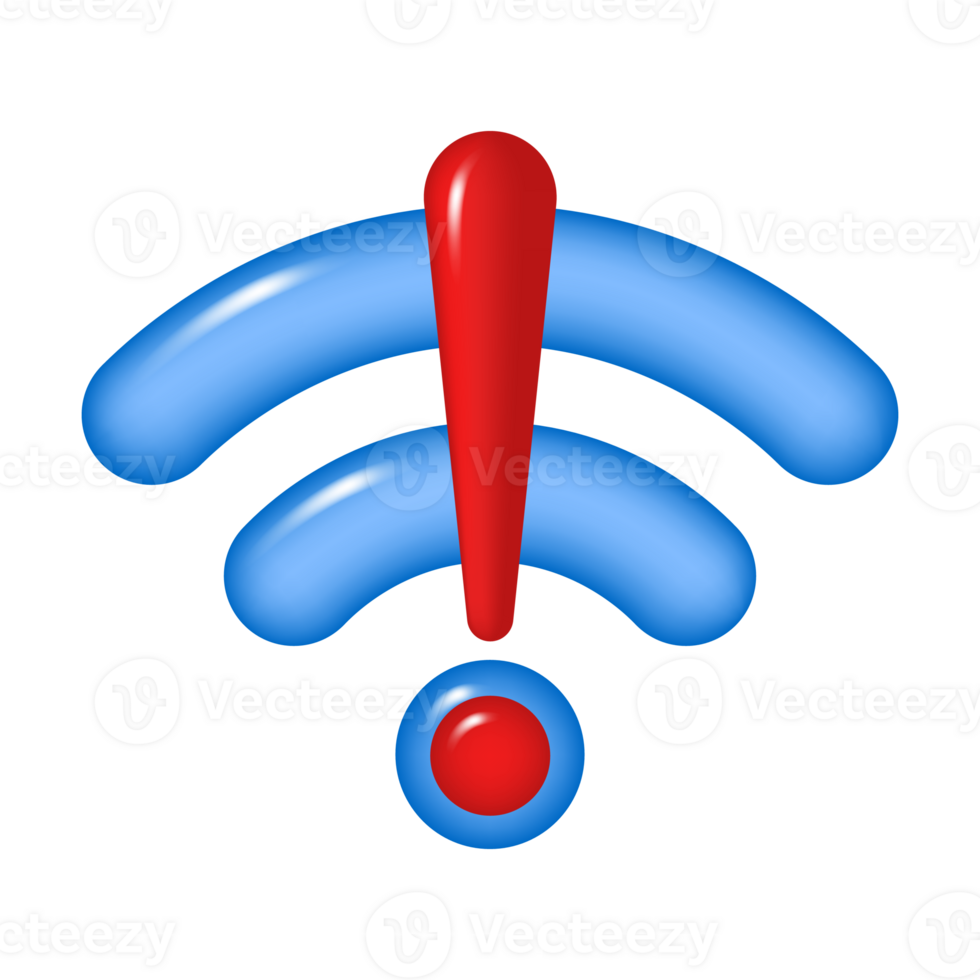 3D WIFI icon with exclamation point, isolated on a transparent background. Wireless internet connection without connection. PNG