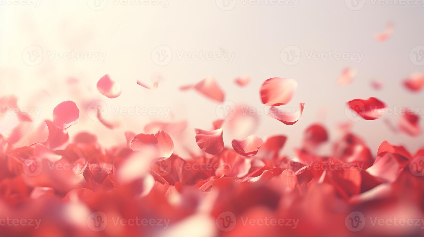 AI generated Red rose petals gently falling in soft sunlight, fragile feminine background photo