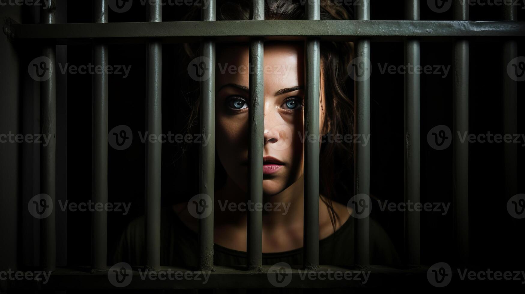 ai generado triste hembra preso triste detrás barras desesperadamente preguntando a liberado desde custodia foto