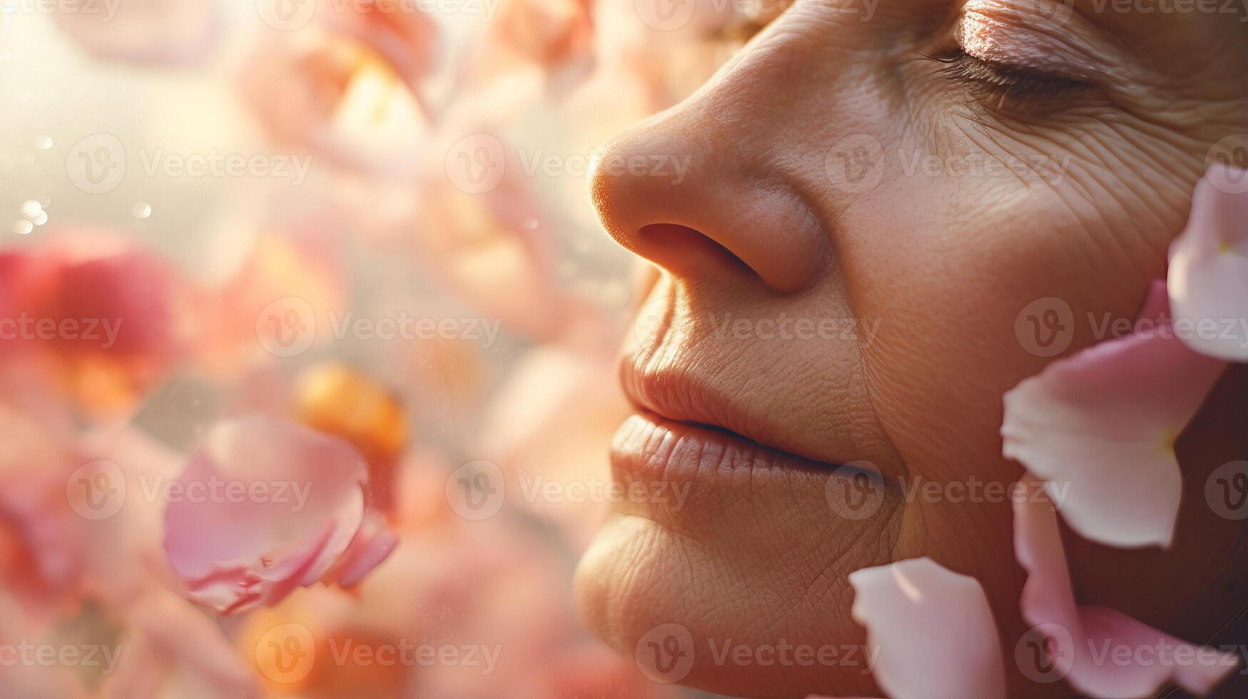 AI generated Rose petals delicately cascade onto middle aged woman face in close up portrait photo