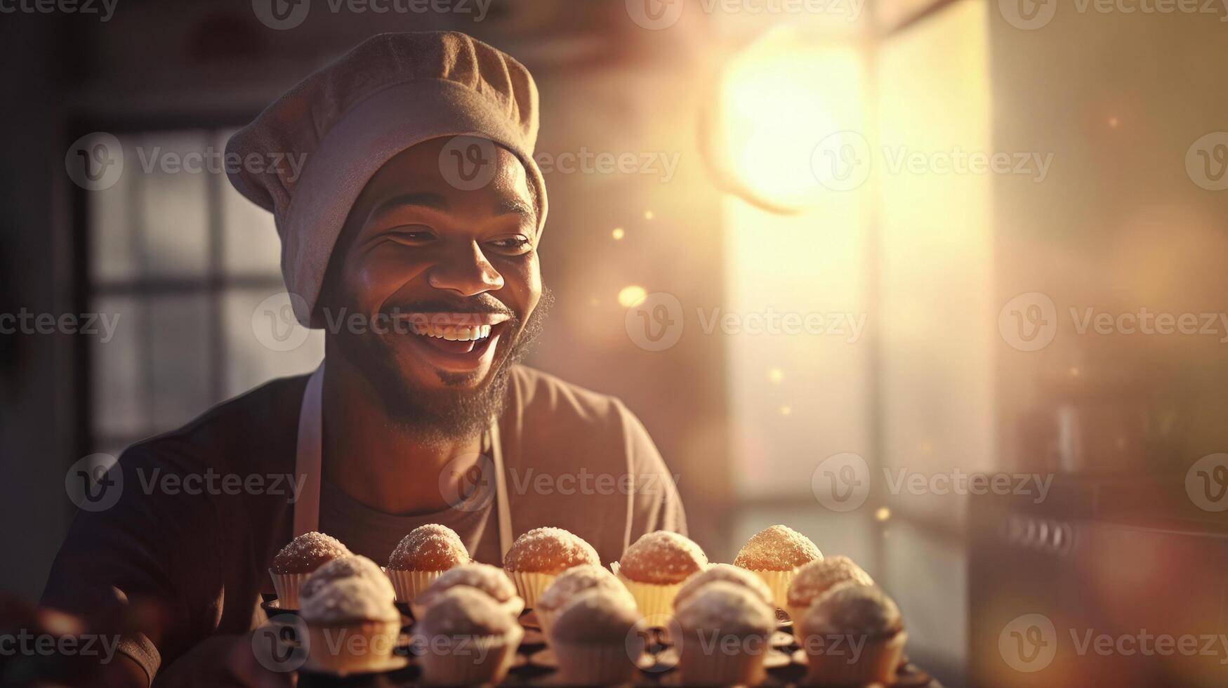 AI generated Cheerful black male baker portrait proudly displaying his scrumptious cakes, sunlight background photo