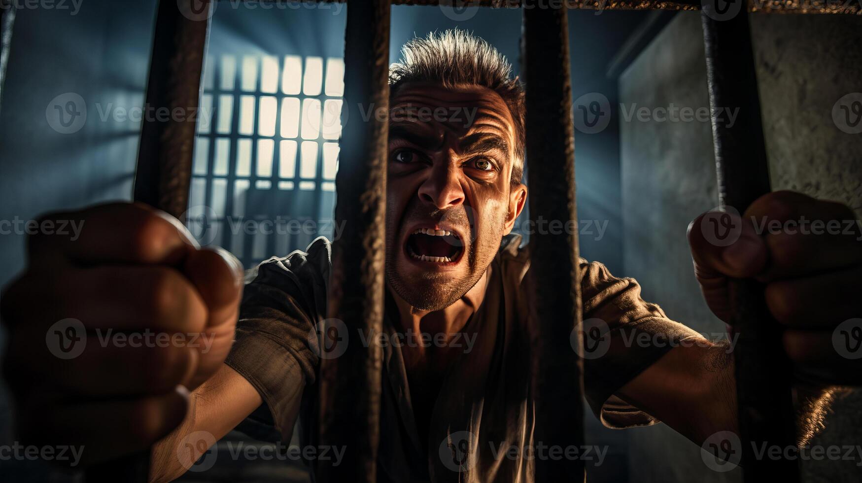 AI generated Angry male inmate confined behind bars desperately asking to released from custody photo