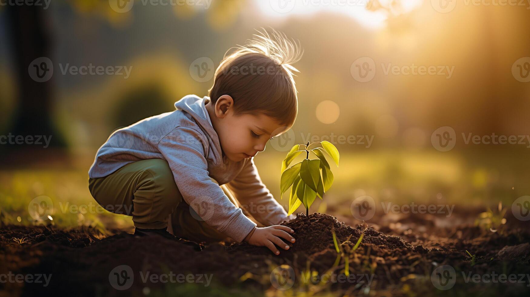 AI generated Little boy carefully plants tree sapling in ground of sunlight garden creating heartwarming scene photo