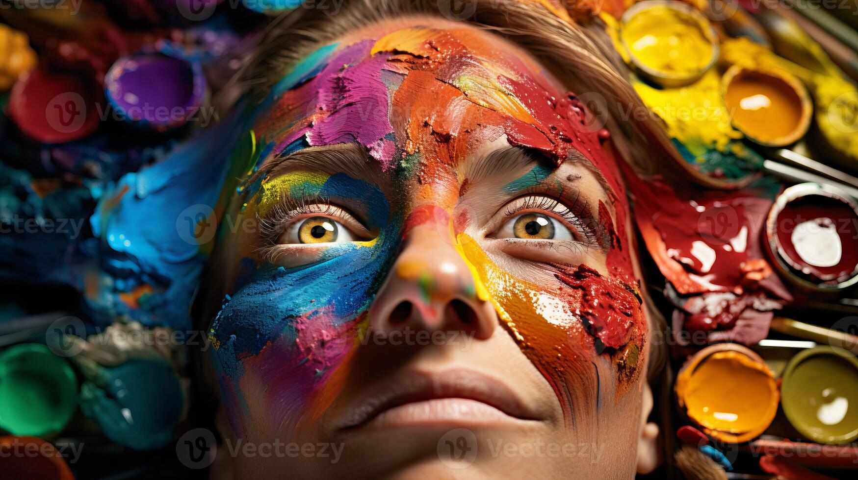 AI generated Pretty painter girl portrait, smeared in multicolored paints for drawing view from above photo