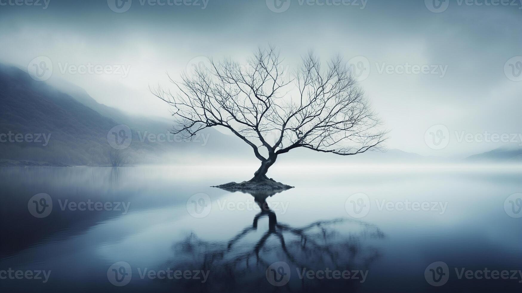 AI generated Lonely tree in midst of bleak lake creates melancholic atmosphere evoking sense of isolation photo