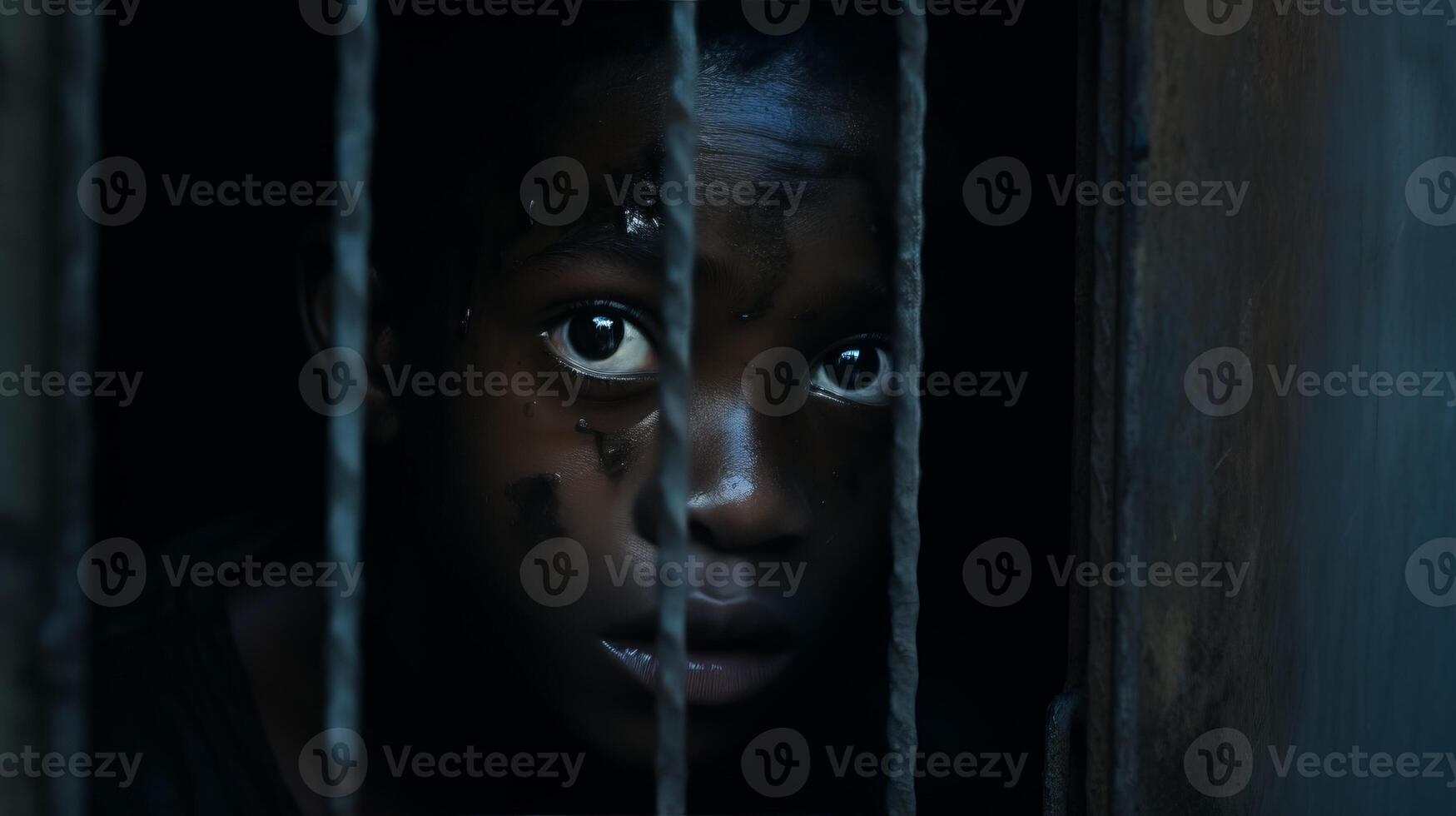 AI generated Young black boy confined behind bars with dirty scratched face gazes with hope photo