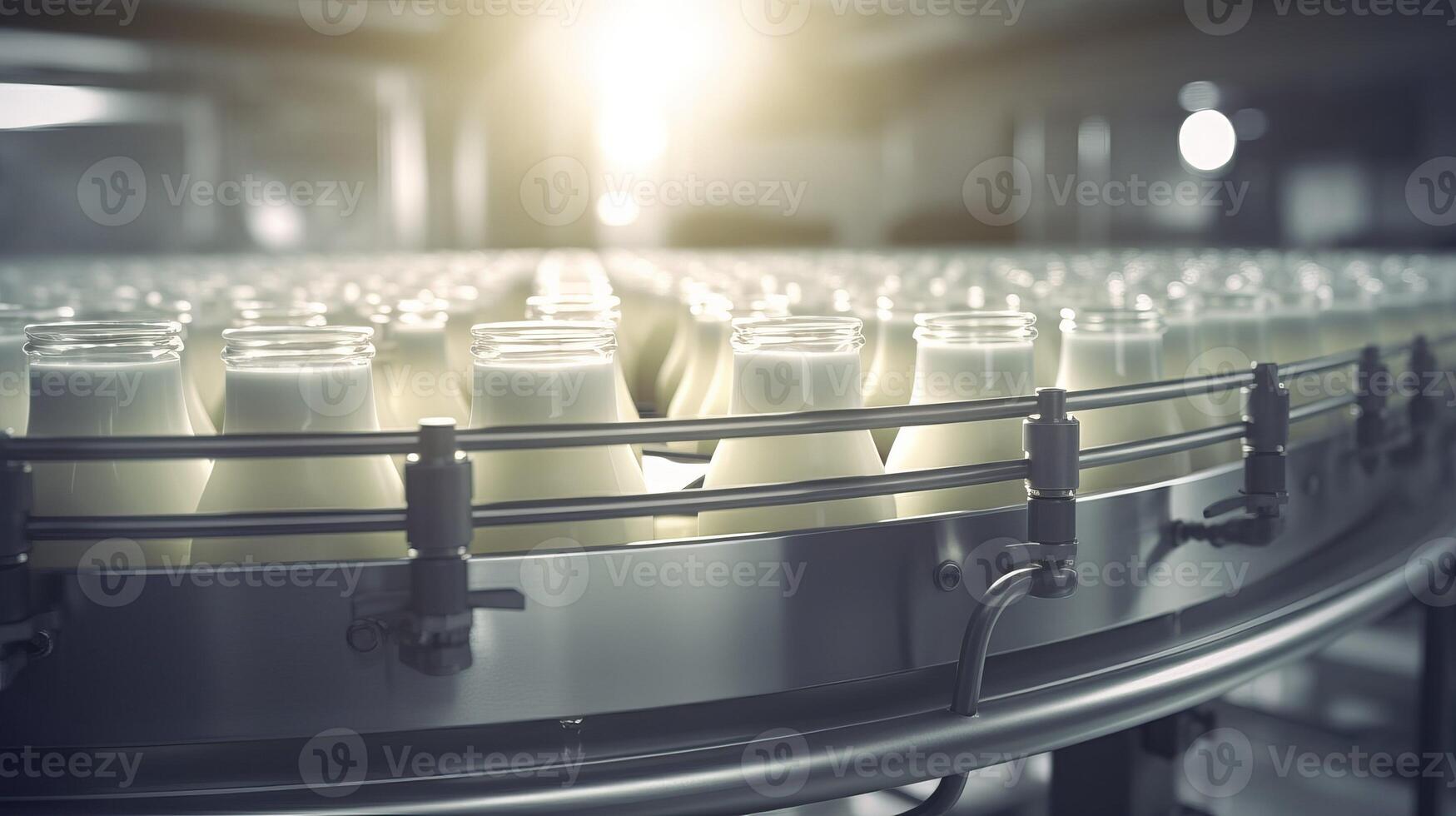 AI generated Rhythmic movement of milk bottle conveyor symbolizes streamlined process of dairy production photo