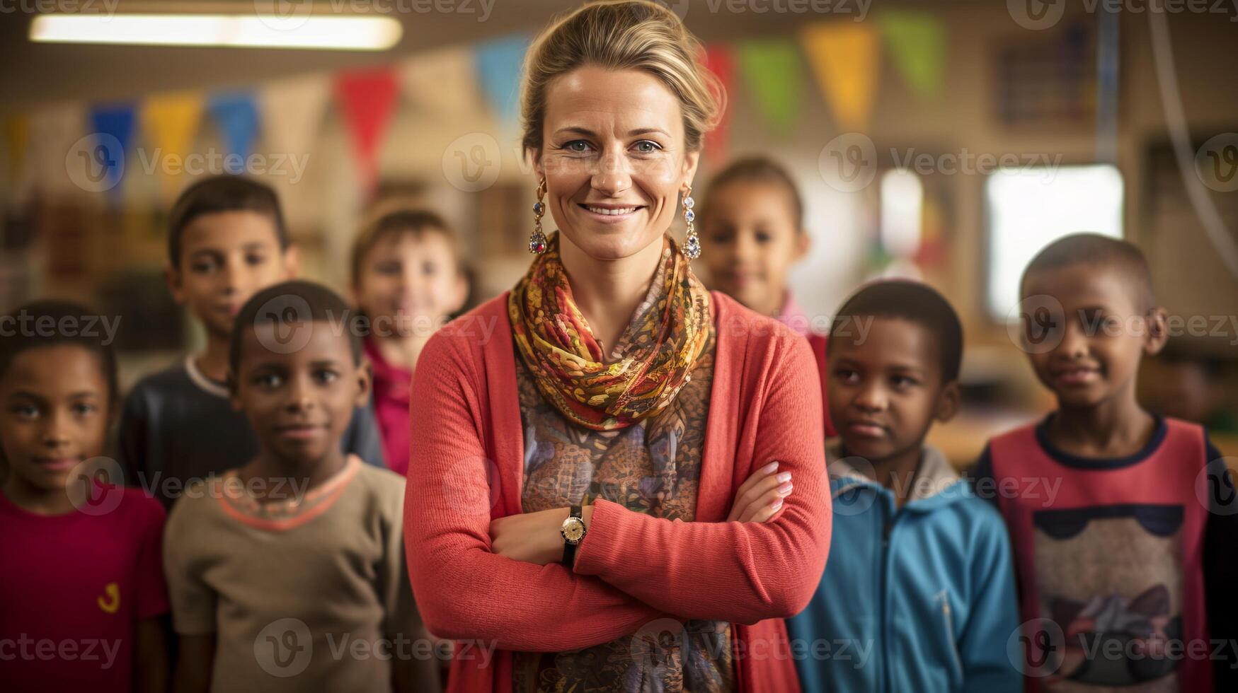AI generated Portrait of middle aged female teacher smiles with arms crossed in classroom full of children photo