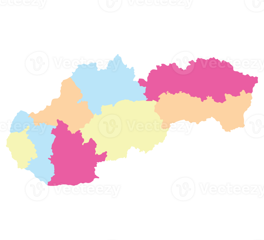 Slovakia map. Map of Slovakia in eight mains regions in multicolor png