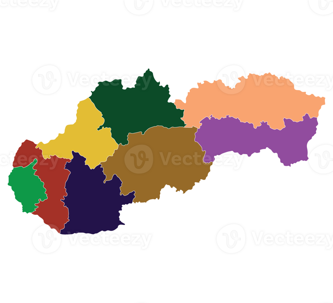 Slovakia map. Map of Slovakia in eight mains regions in multicolor png