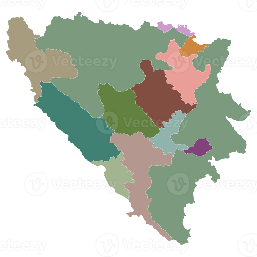 Bosnia and Herzegovina map. Map of Bosnia and Herzegovina in administrative provinces in multicolor png