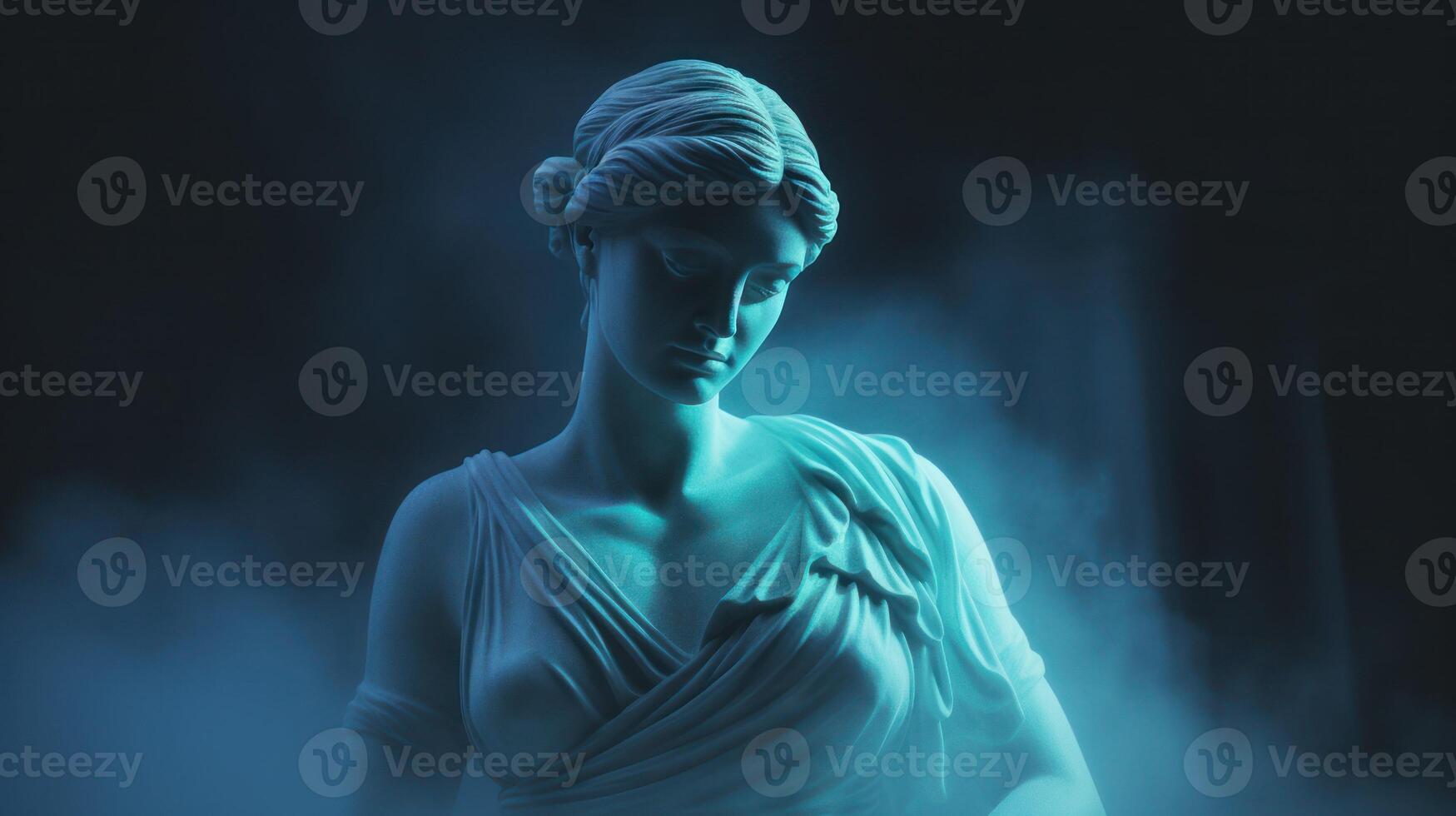 AI generated Ancient antique statue of female person in mystical neon glow haze, gloomy dark background photo