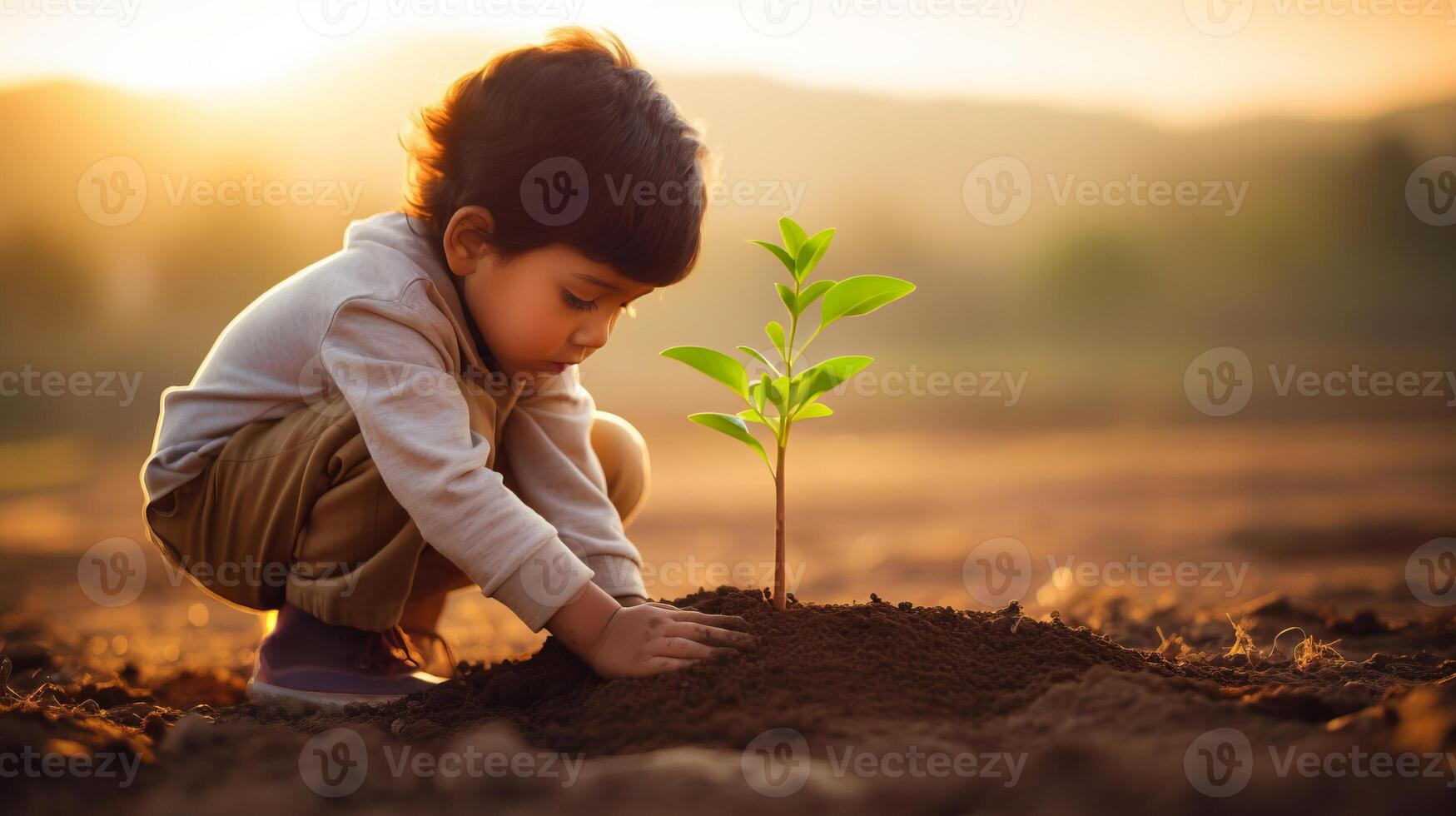 AI generated Little boy carefully plants tree sapling in ground of sunlight garden creating heartwarming scene photo