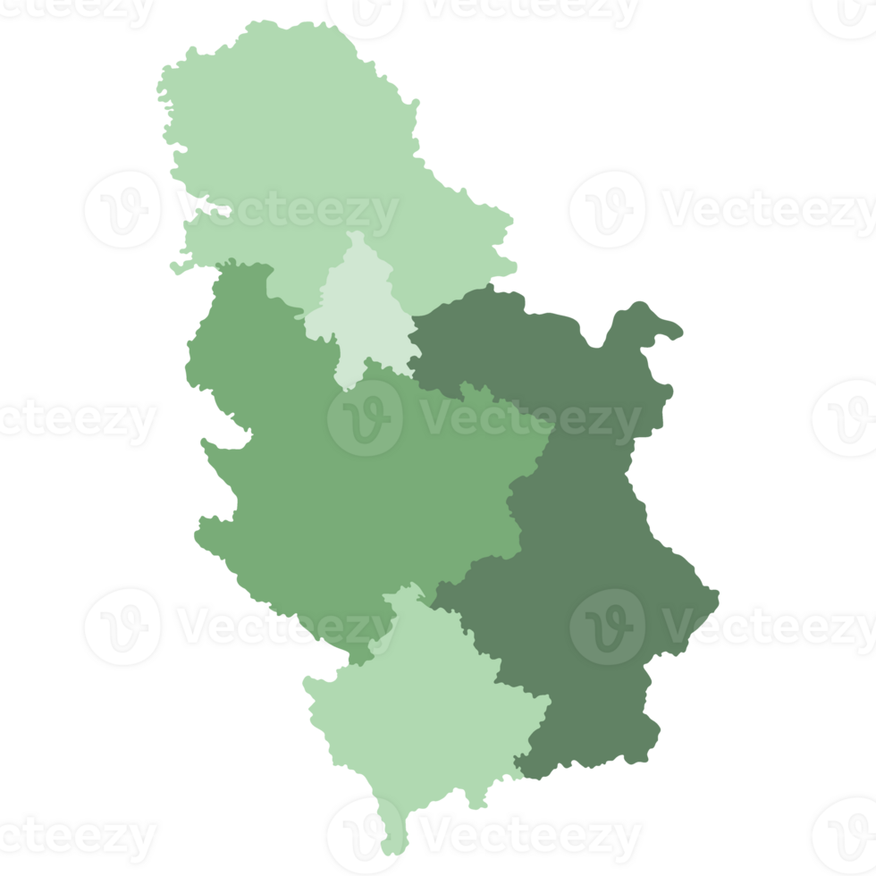 Serbia map. Map of Serbia in five main regions in multicolor png