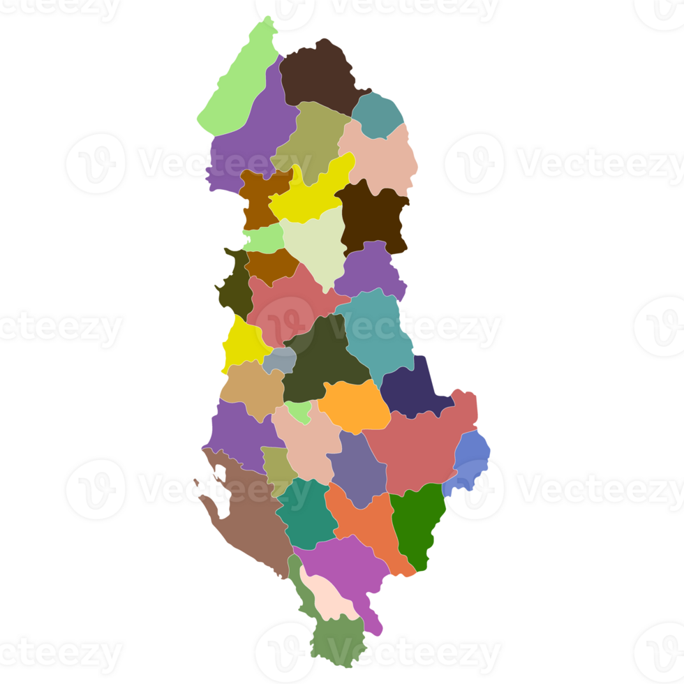 Albania map. Map of Albania in administrative provinces in multicolor png