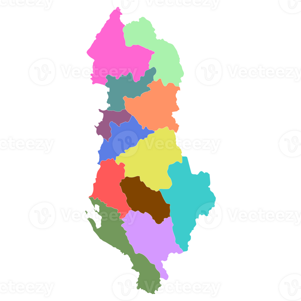 Albania map. Map of Albania in twelve counties in multicolor png