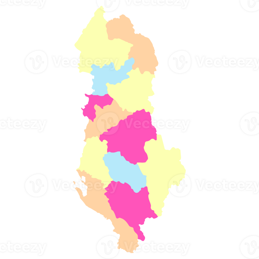 Albania map. Map of Albania in twelve counties in multicolor png